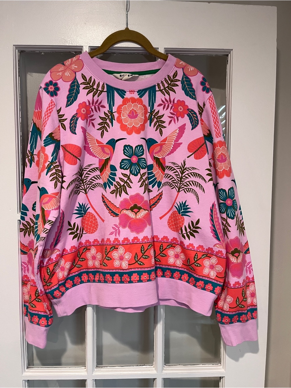 Boden Hannah Printed Cotton Sweatshirt Pink Hummingbird Tropical Pink Sz M